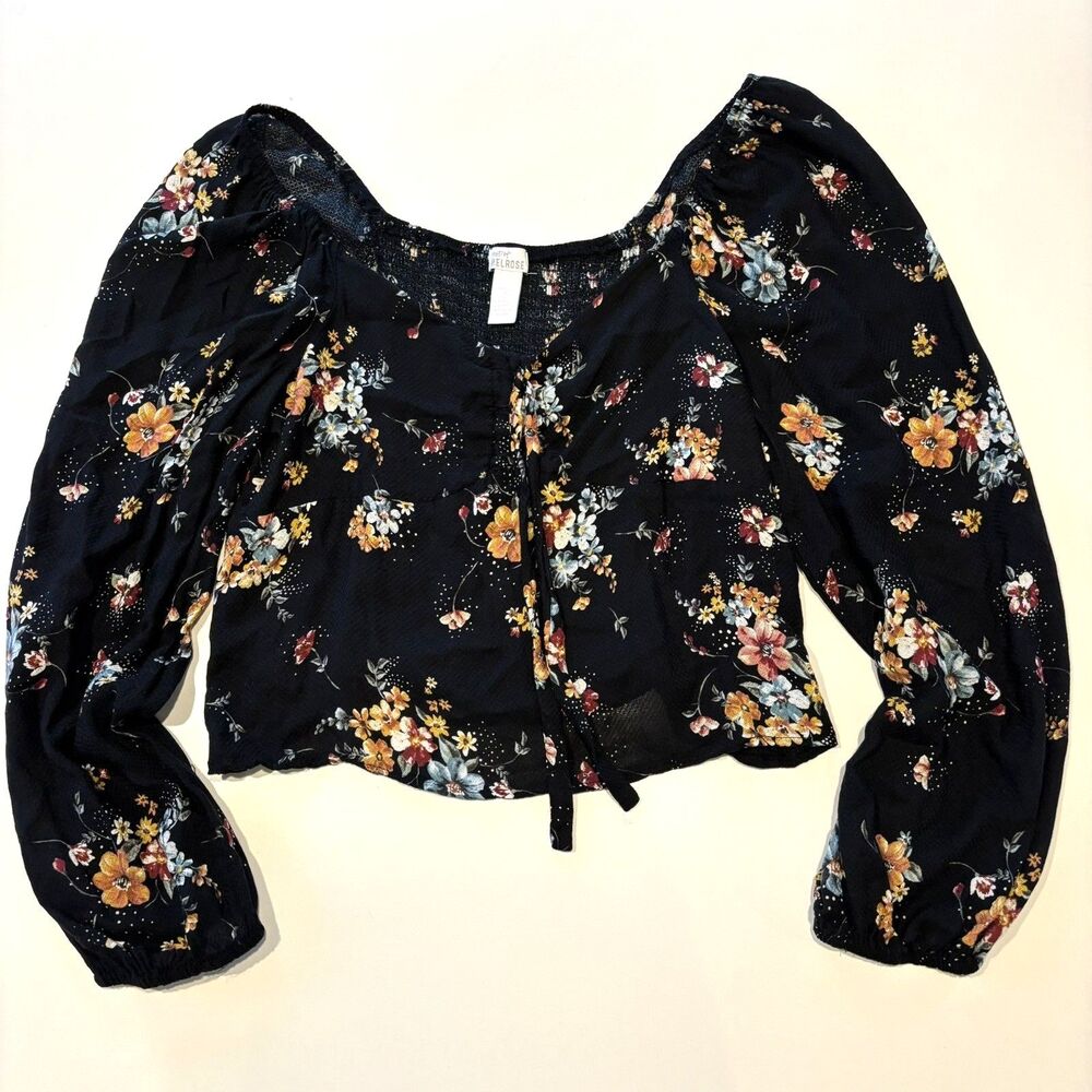 West of Melrose Women’s Black Floral Long Puff Sleeve Crop Top Boho Cottage Sz L
